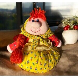 VTG Handmade Nylon Pillow Bottom Musical Red Head DOLL 11.5” dress -Scarf